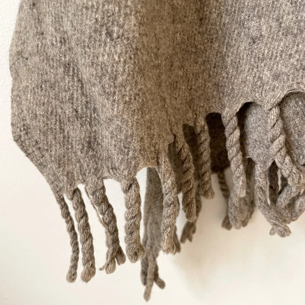 Vintage Wool Blend Fringe Poncho Cape Large Brown Boho Rustic Cabincore cozy